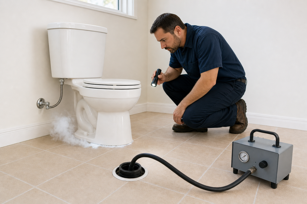 Diagnostic smoke escaping around a toilet seal during a professional plumbing smoke test