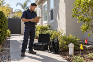 Illustrative plumber reviewing a sewer replacement route beside inspection equipment and a capped cleanout